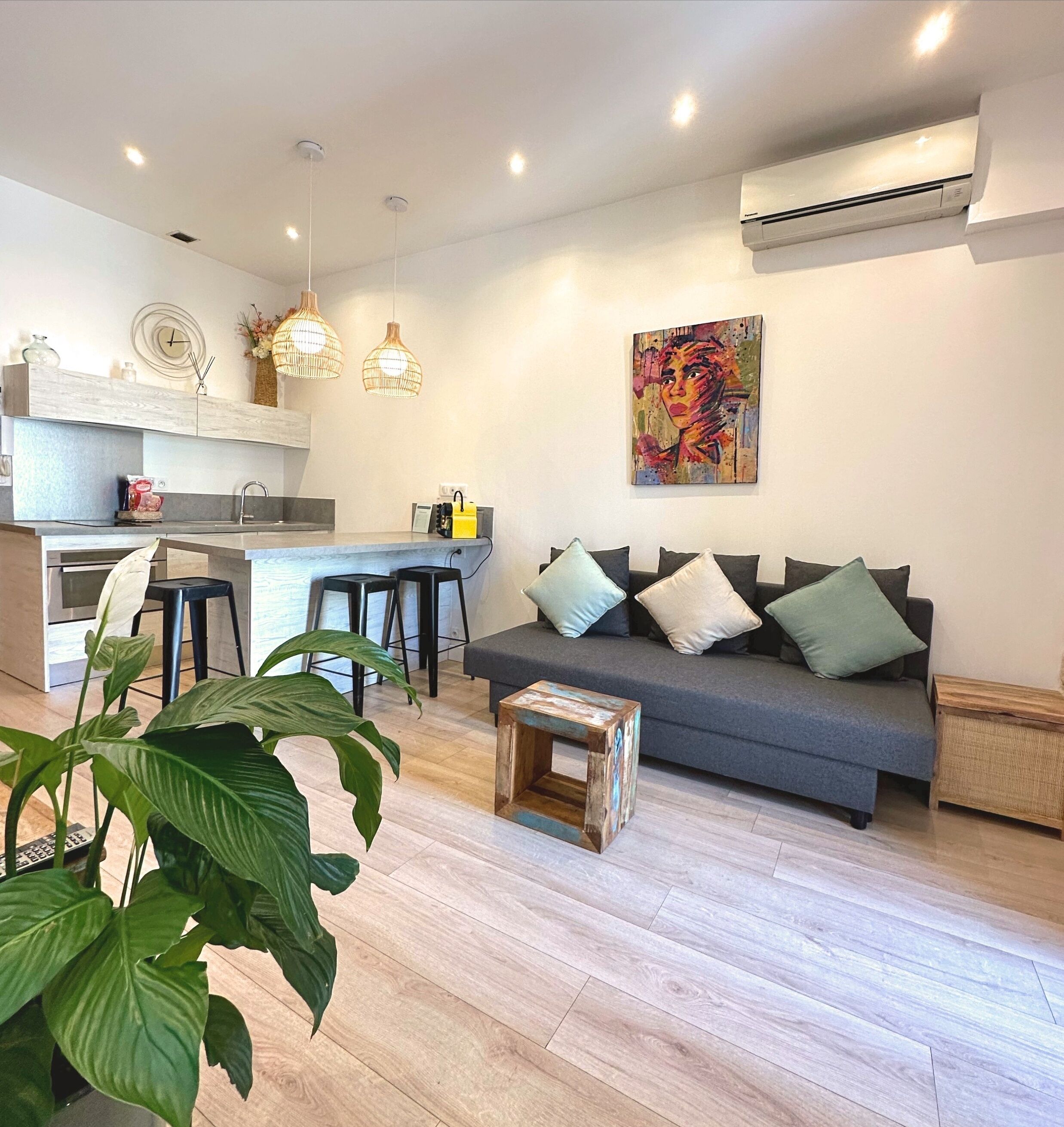 A modern living room with a grey sofa, a coffee table, and a large plant. There is a kitchen area with a bar counter and stools.