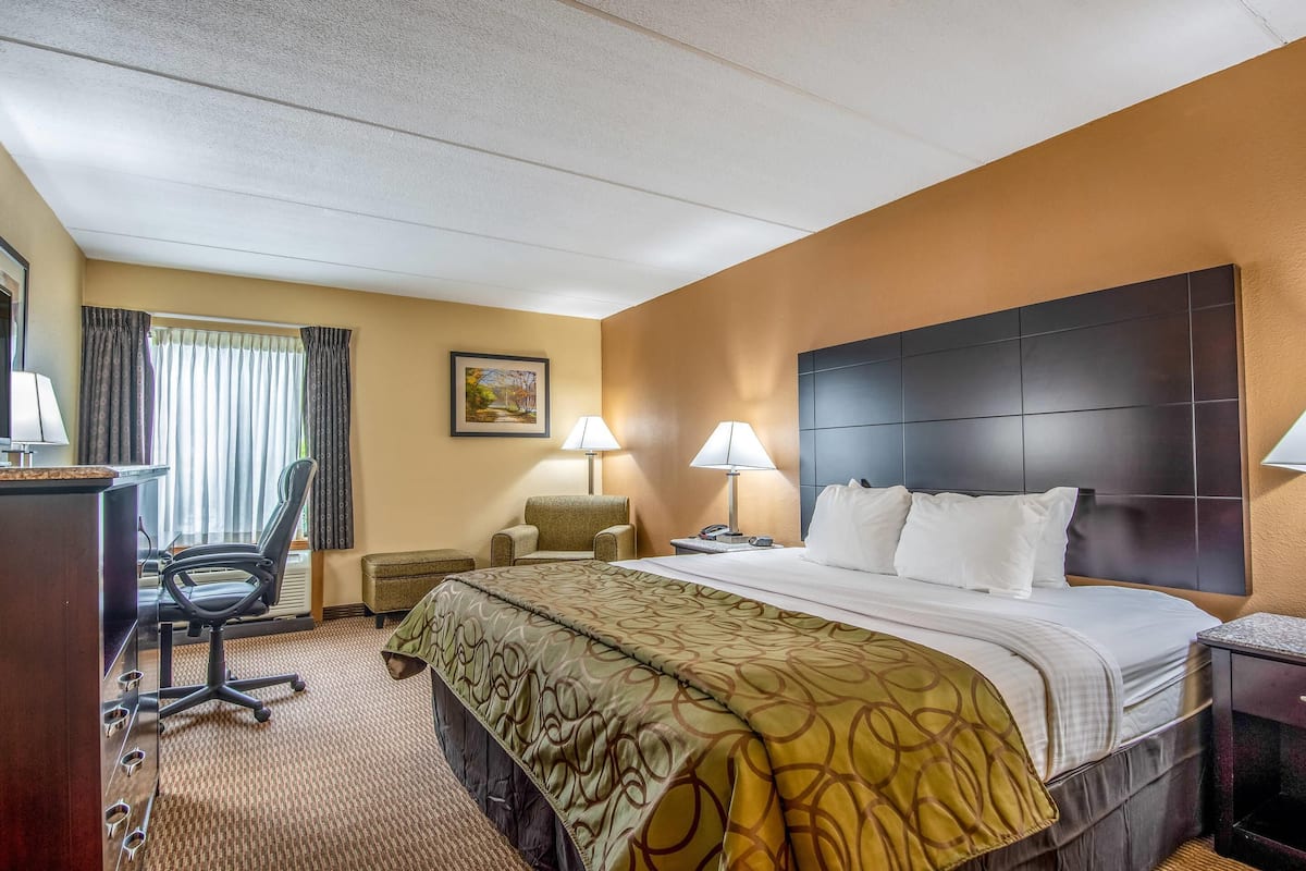 A hotel room with a large bed, a desk, a chair, and a small table.