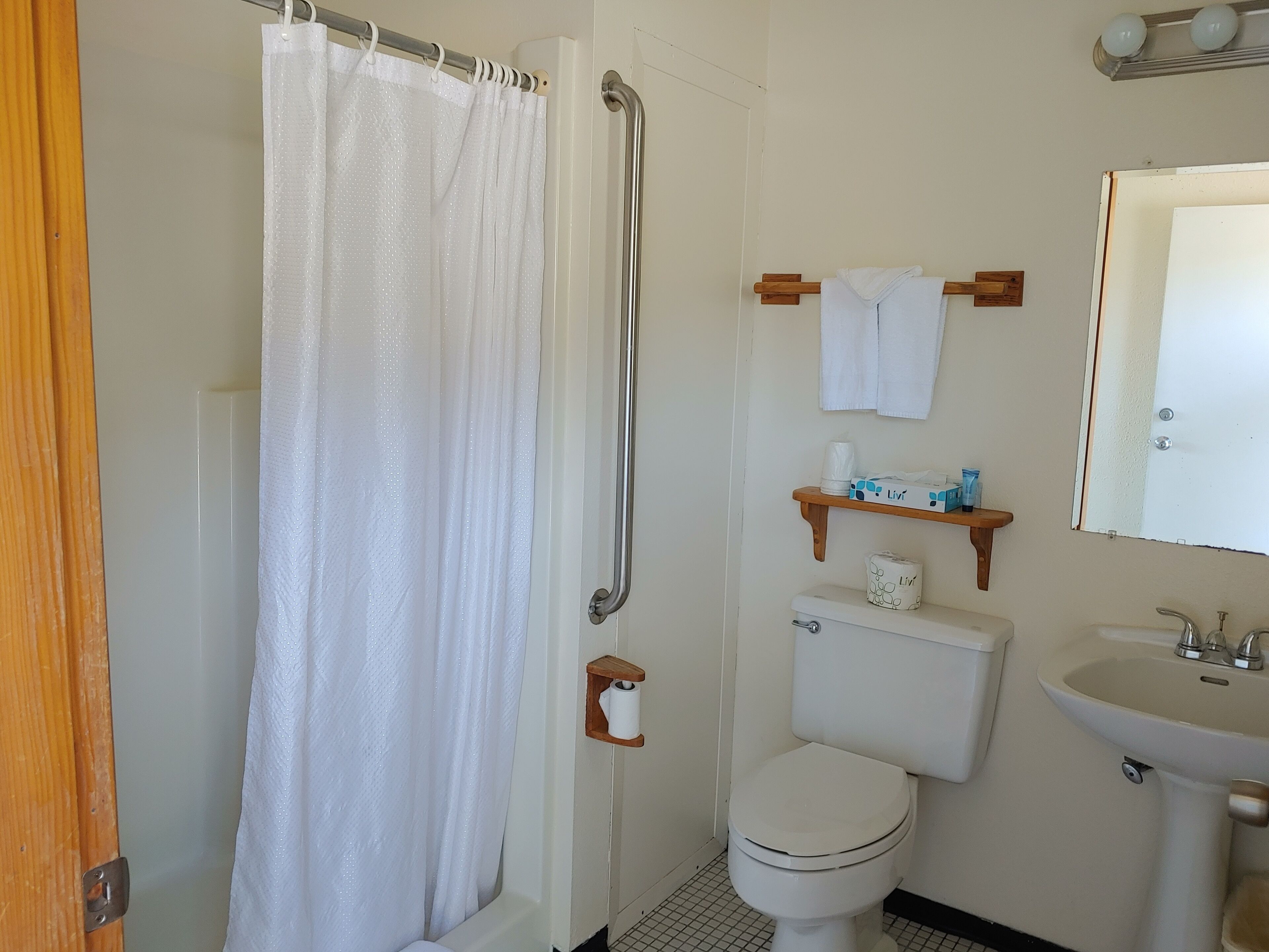 Un bagno con tenda doccia, WC, lavandino e ripiano con articoli da toilette.