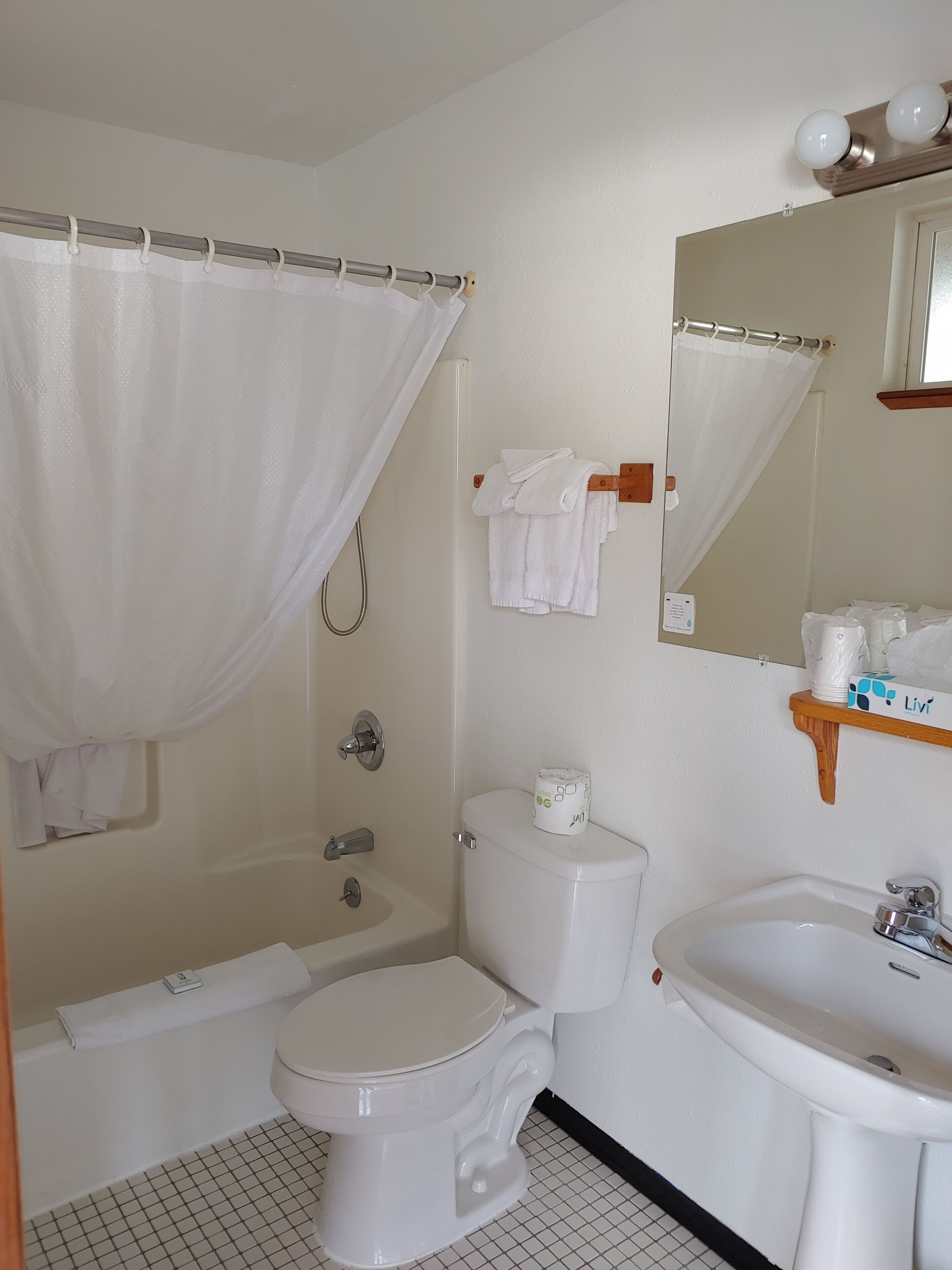 Un baño con inodoro, lavamanos, ducha y espejo.