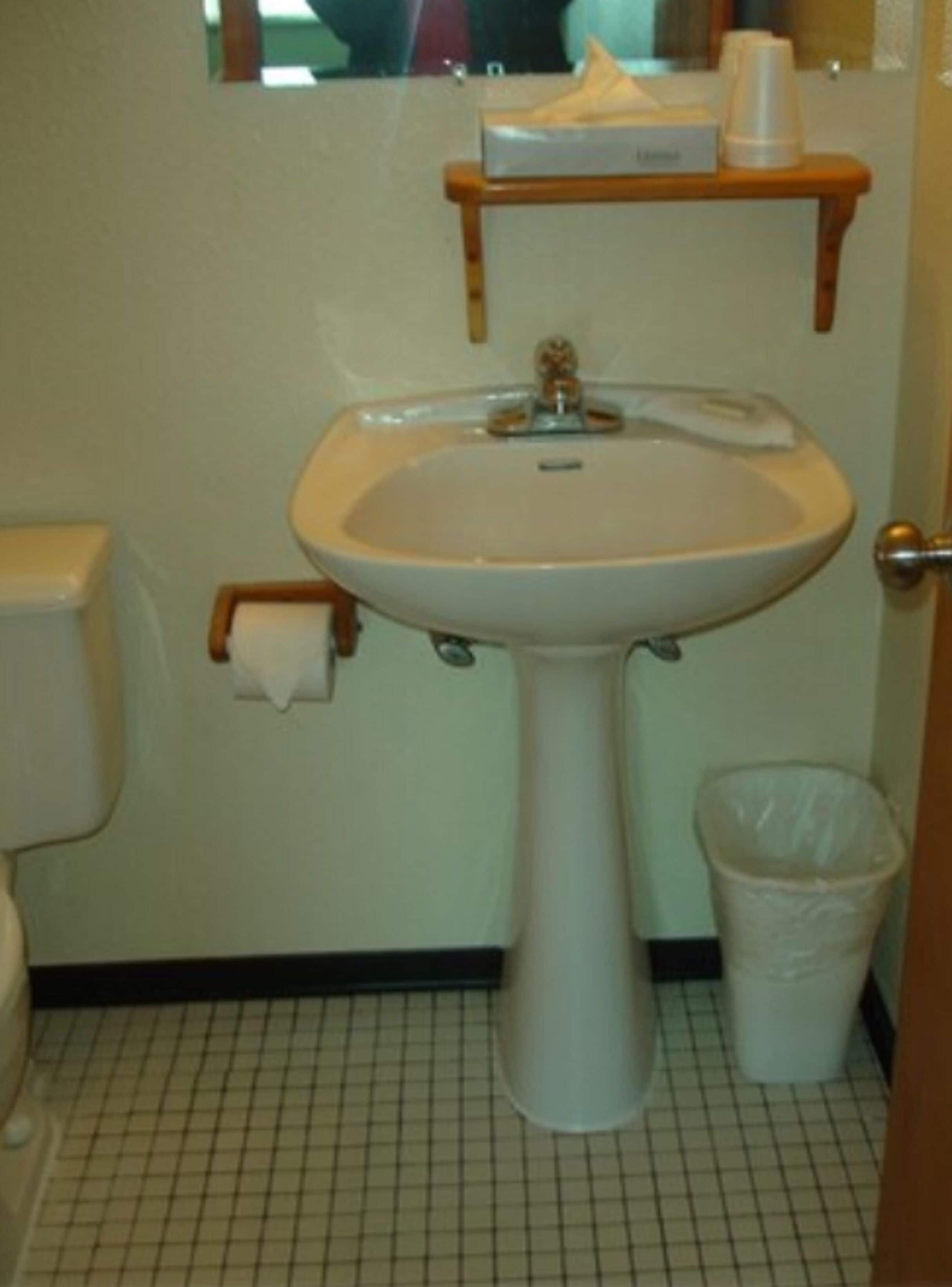 A bathroom with a white sink, toilet, and trash can. There is a mirror above the sink and a small shelf with a tissue box.