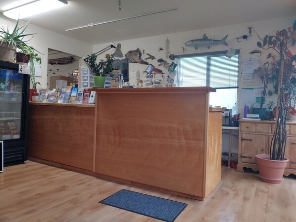 Een receptiebalie met een houten afwerking, een potplant en diverse informatiemap.