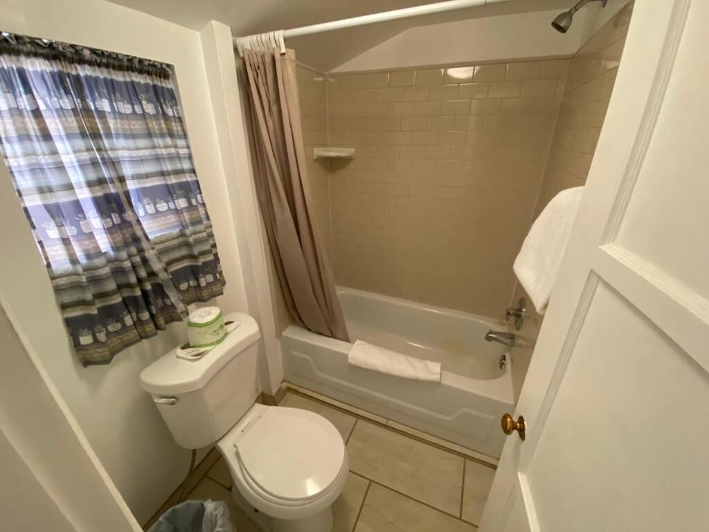 Ein Badezimmer mit Toilette, Badewanne und Dusche.