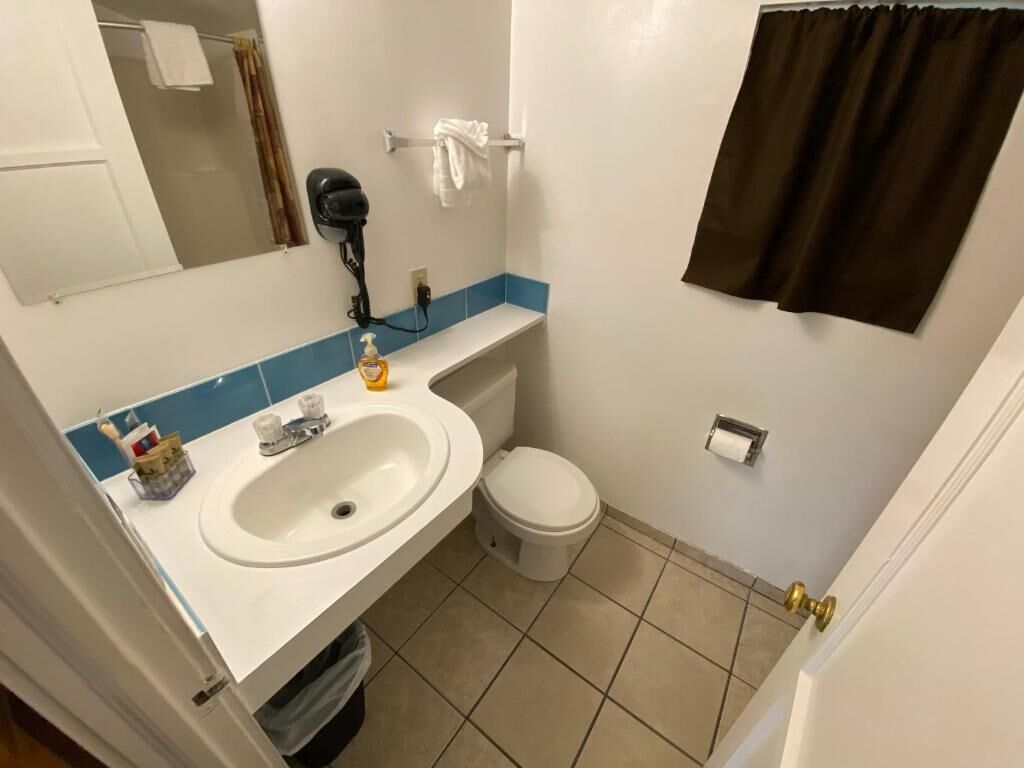 A bathroom with a white sink, a toilet, a mirror, a hairdryer, and a towel rack.