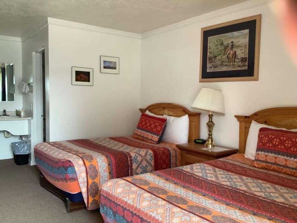 Ein Zimmer mit zwei Betten, jeweils mit gemusterten Bettdecken, einem Nachttisch mit Lampe und einem gerahmten Bild an der Wand.