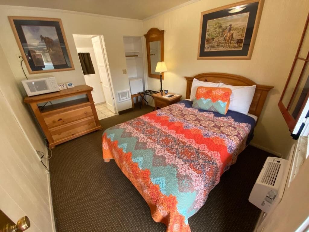 Une chambre d’hôtel avec un lit, une commode, un four à micro-ondes, une lampe et un tableau au mur.
