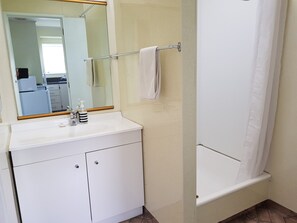 Departamento, 1 habitación | Baño | Regadera, amenidades de baño gratuitas, secadora de cabello, toallas 