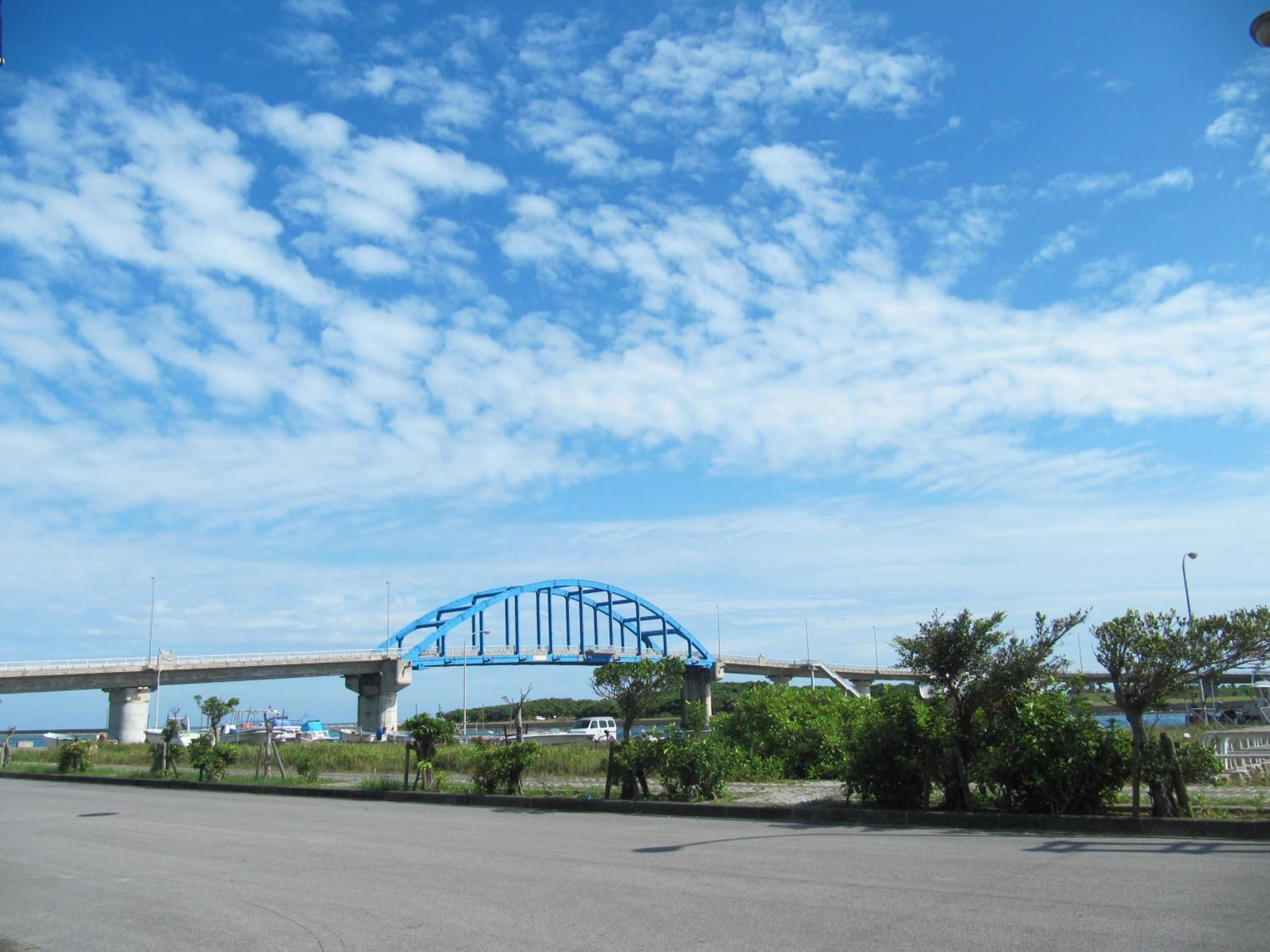 A bridge with a blue arch structure over a body of water, surrounded by greenery and a clear sky.