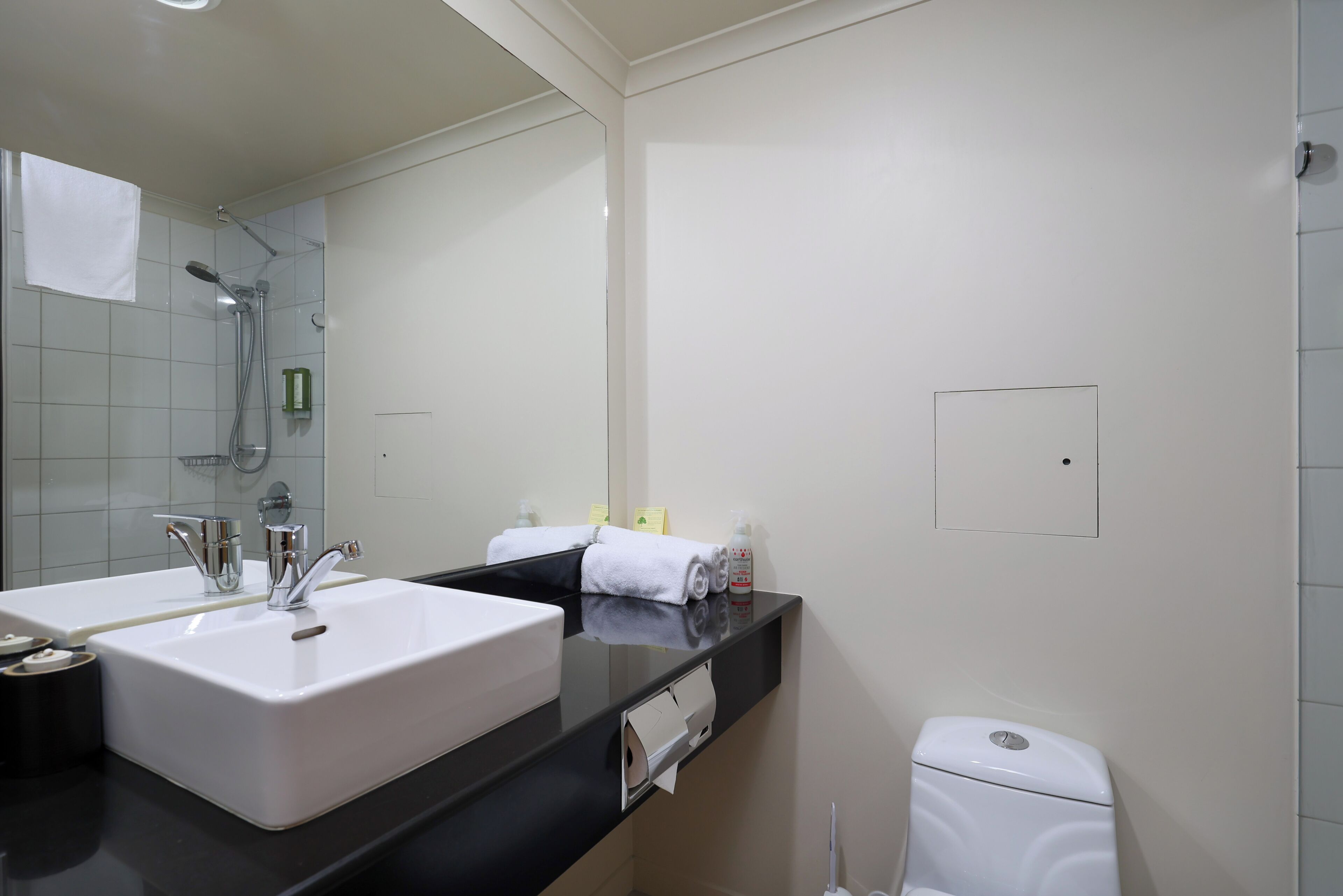 A bathroom with two sinks, a mirror, a toilet, and a shower.