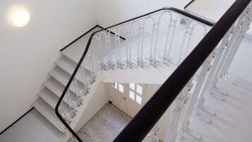 A staircase with white railings and a black handrail, leading to a landing with a door and windows.