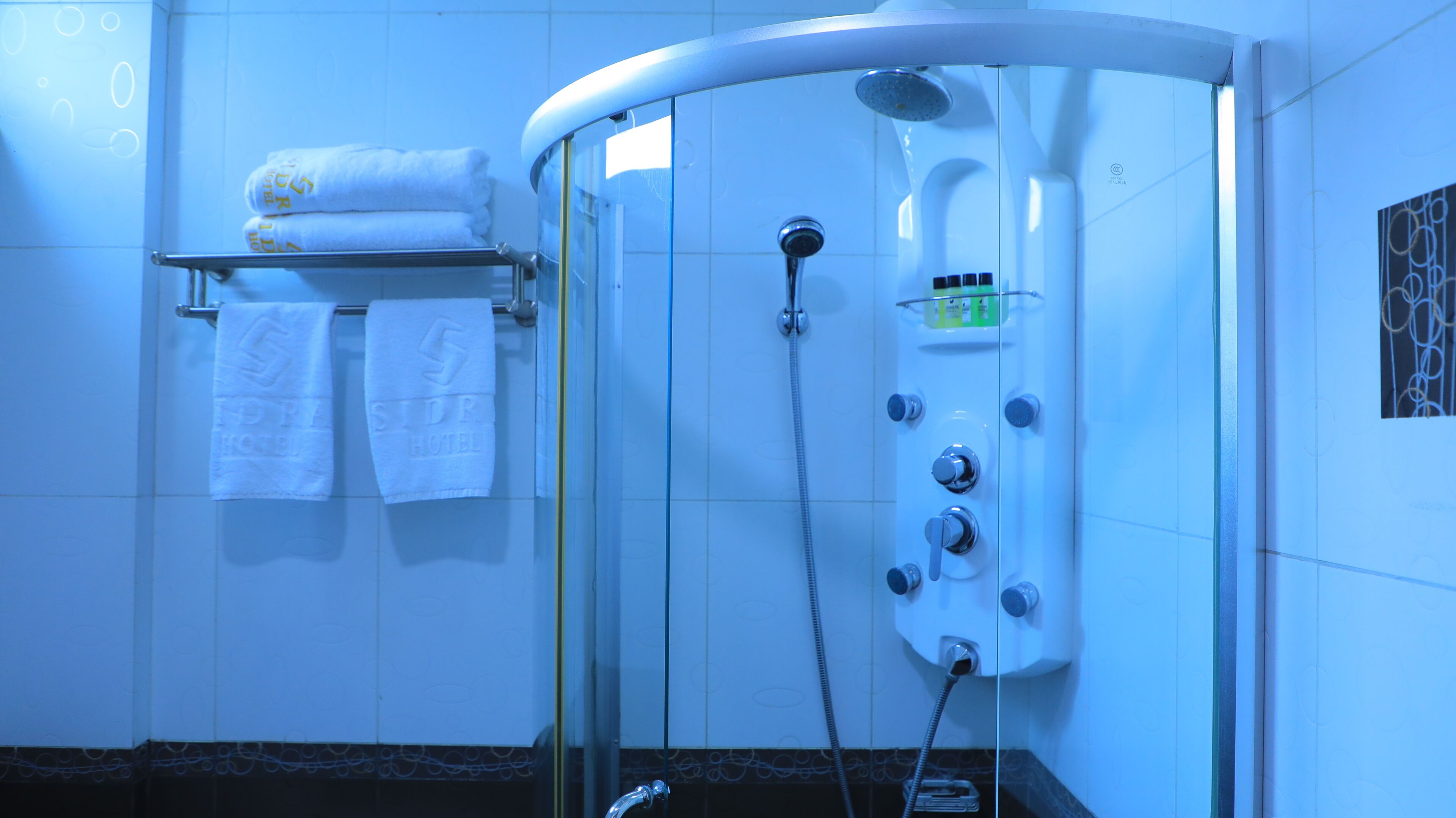 combined shower/bathtub, rainfall showerhead, free toiletries