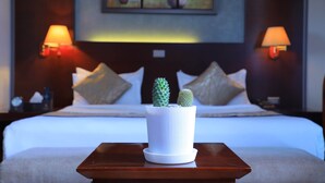 Habitación de hotel con una cama, dos lámparas fijadas a la pared, un cuadro sobre la cama y un cactus en maceta sobre una mesita de noche.