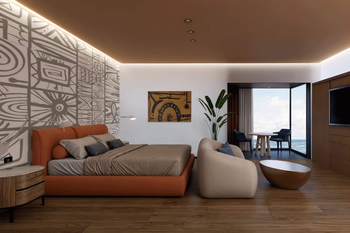 Deluxe kamer, 1 kingsize bed, gedeeltelijk uitzicht op oceaan | 1 slaapkamer, luxe beddengoed, donzen dekbedden, een minibar