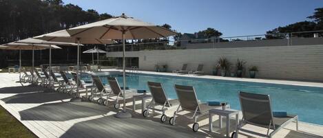 Indoor pool, outdoor pool, sun loungers