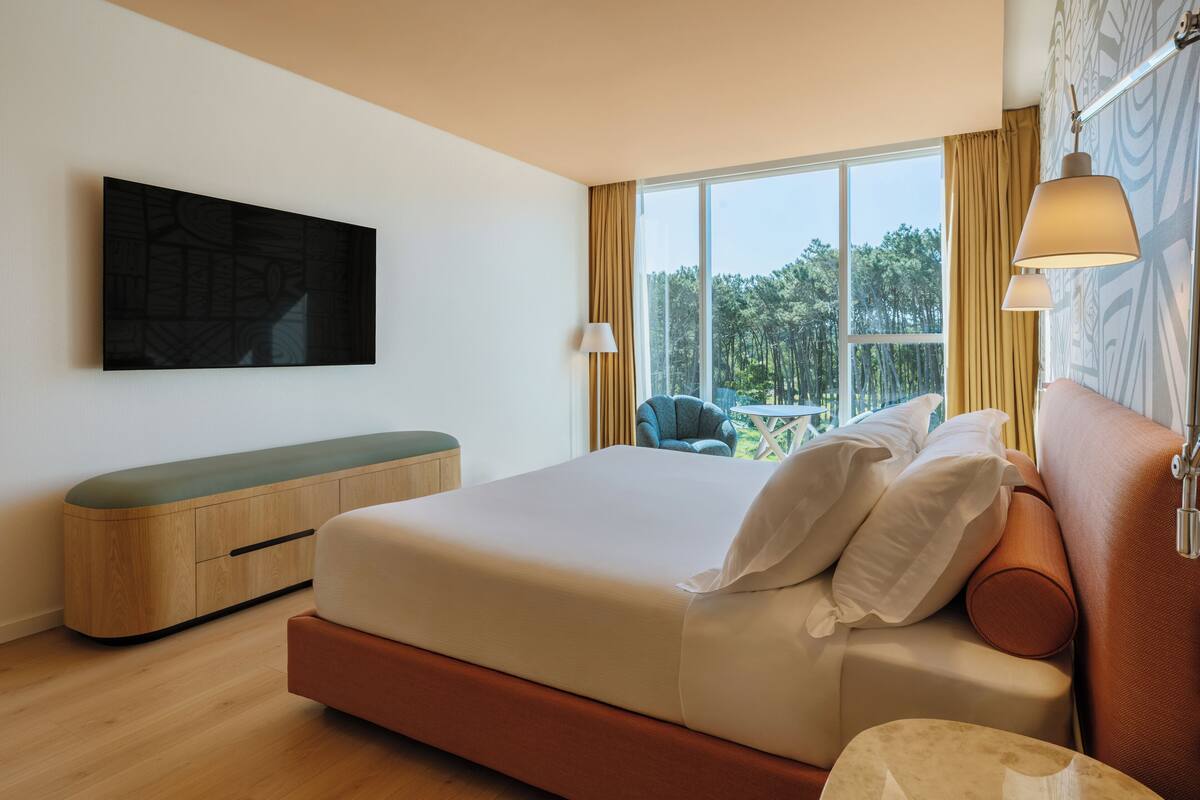 A modern bedroom with a large bed, a bench, a TV, and a view of the outdoors.