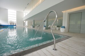 Indoor pool, outdoor pool, pool loungers