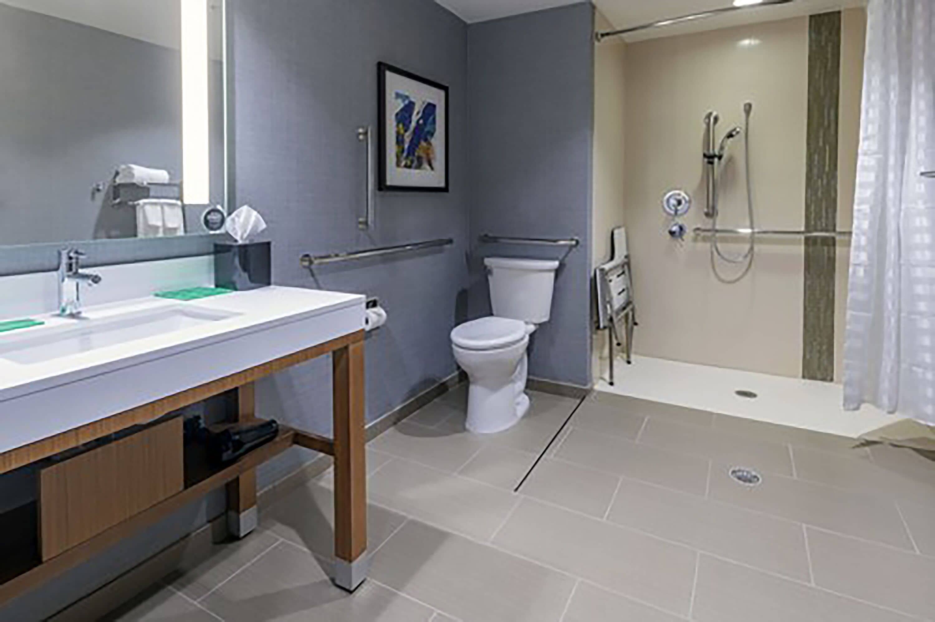 designer toiletries, hair dryer, towels