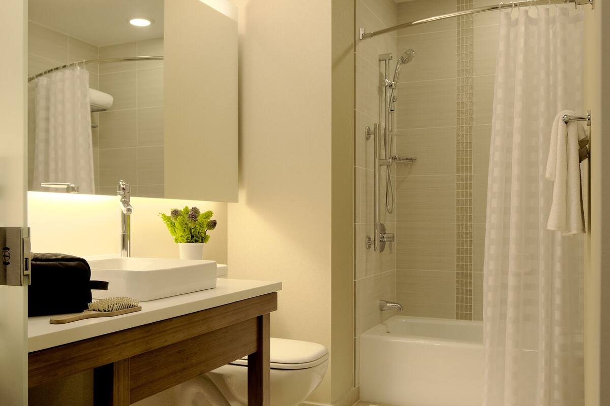 designer toiletries, hair dryer, towels