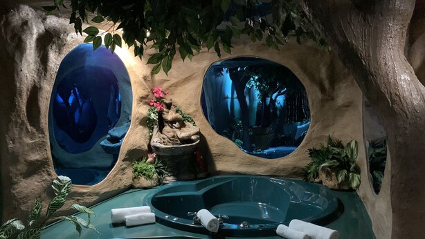 A spa area with a hot tub, two large oval windows, and surrounding greenery. - Designer Inn & Suites (Toledo)