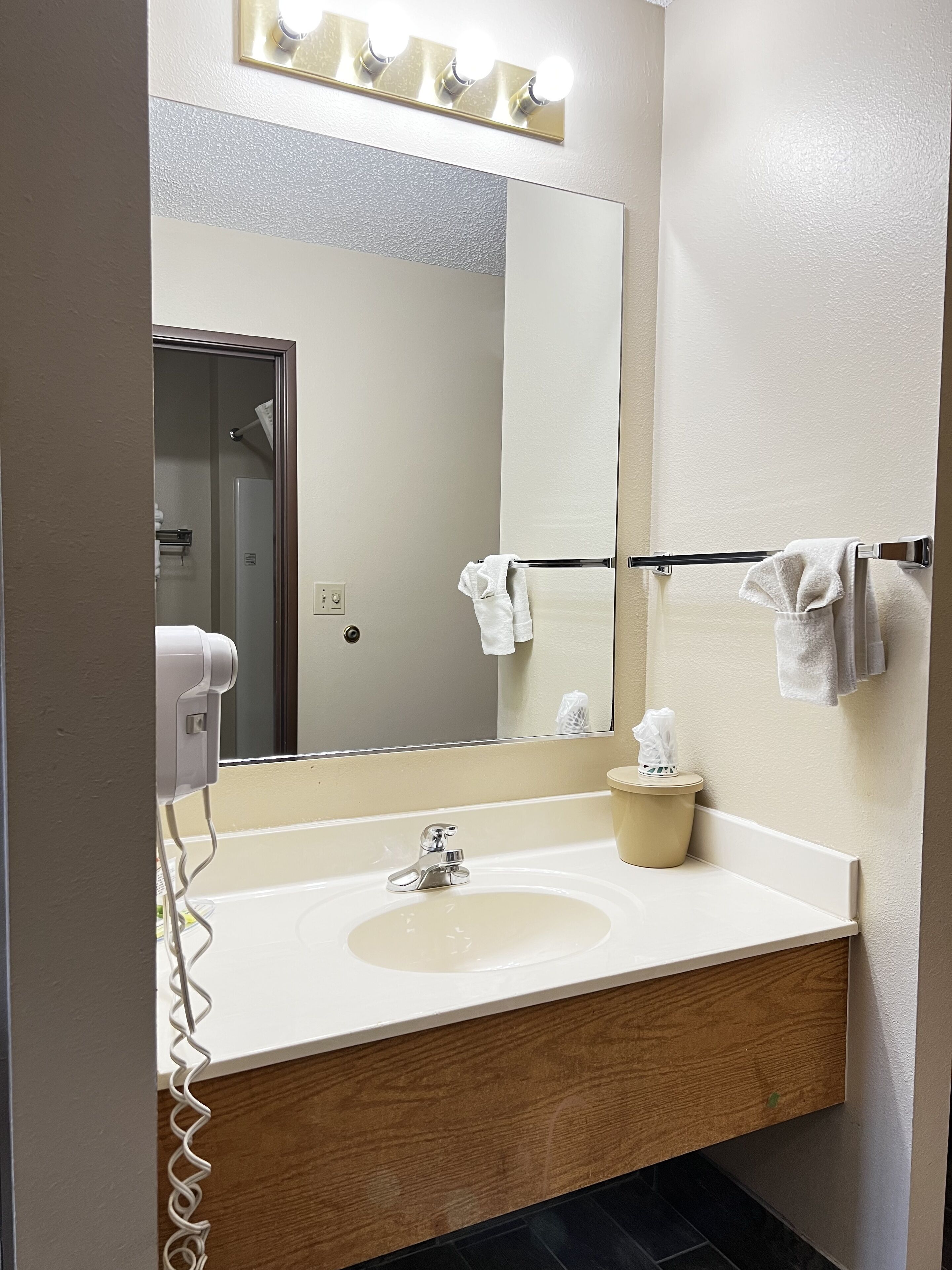 A bathroom with a white sink, a mirror, and a towel rack.