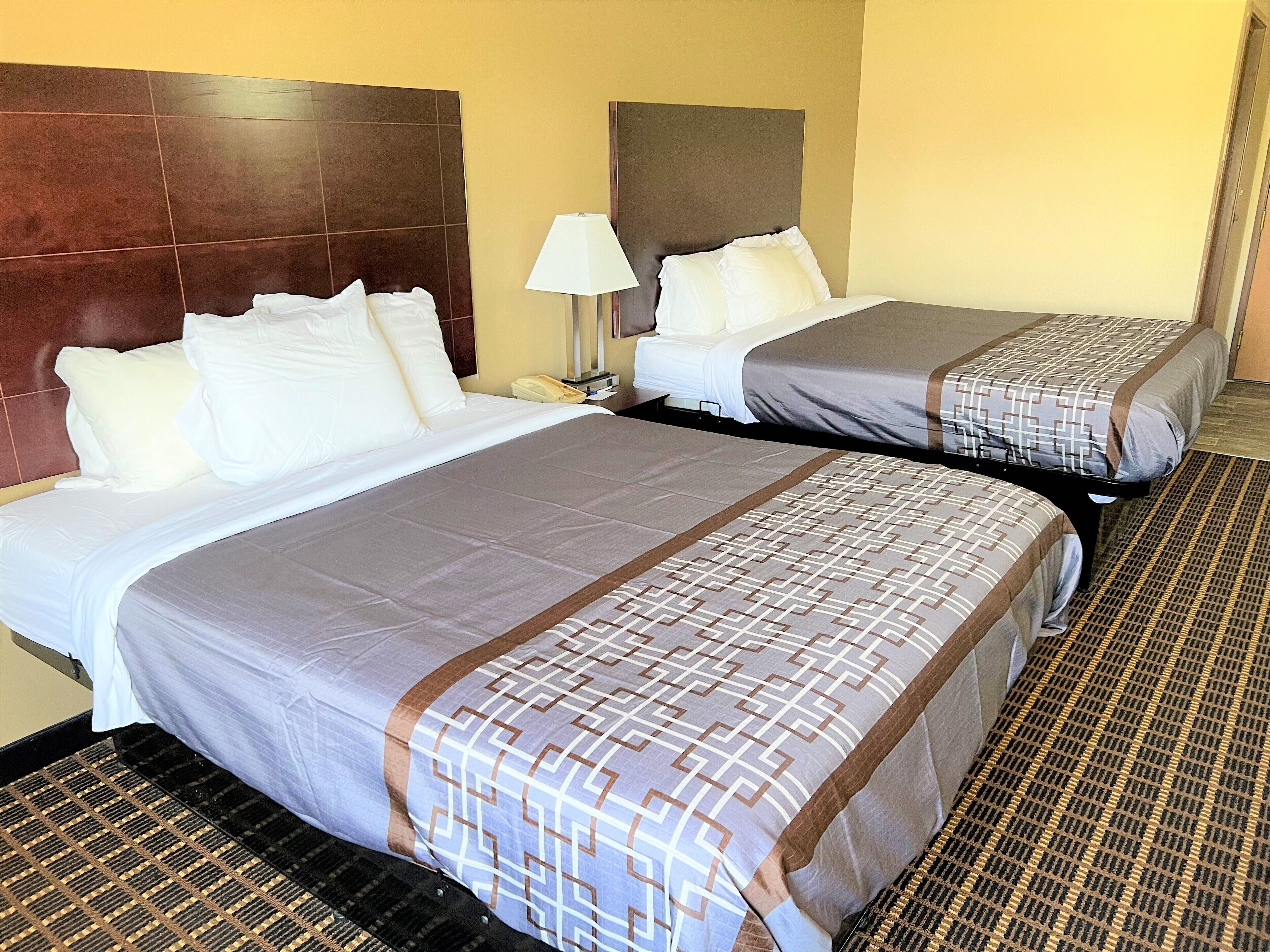 Two single beds with headboards, a bedside table with a lamp, and a patterned rug.