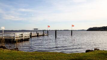 A dock extending into calm water with grassy banks and a distant shoreline.