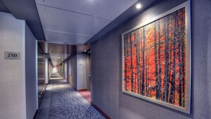 Un pasillo con alfombra estampada, un cuadro abstracto grande en la pared, y se ven los números de las habitaciones 250 y 247.