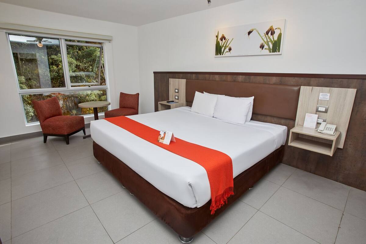 A hotel room with a large bed, a red chair, a small table, and a window with a view of trees.