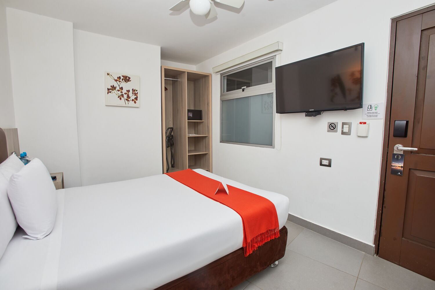 A hotel room with a bed, a TV mounted on the wall, a door with a lock, and a small shelf with a plant.