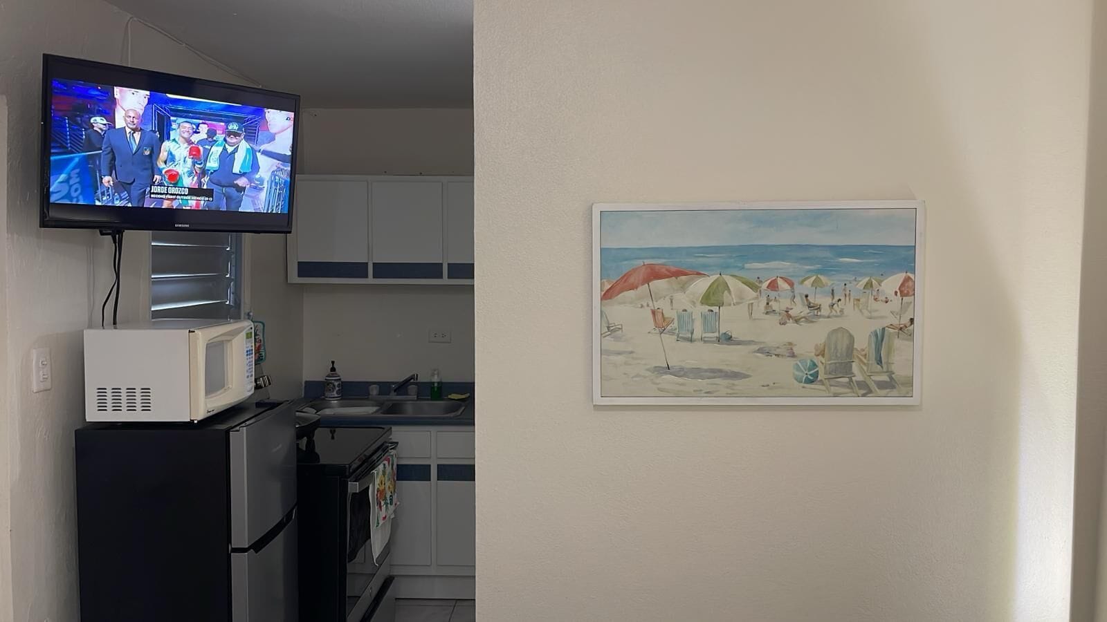 Cocina con televisión, microondas y refrigerador. En la pared, un cuadro de una playa.