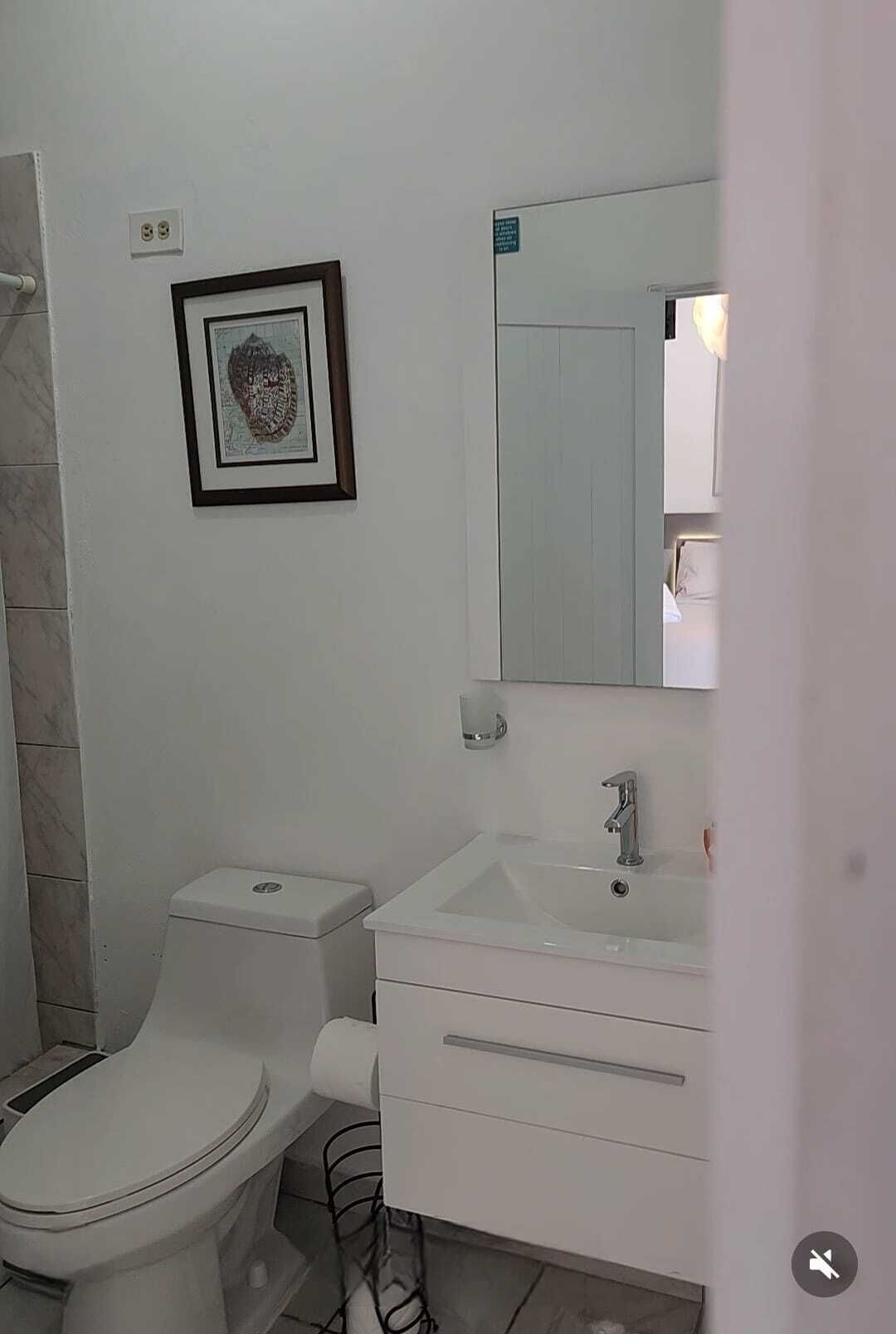 A bathroom with a toilet, sink, and mirror.