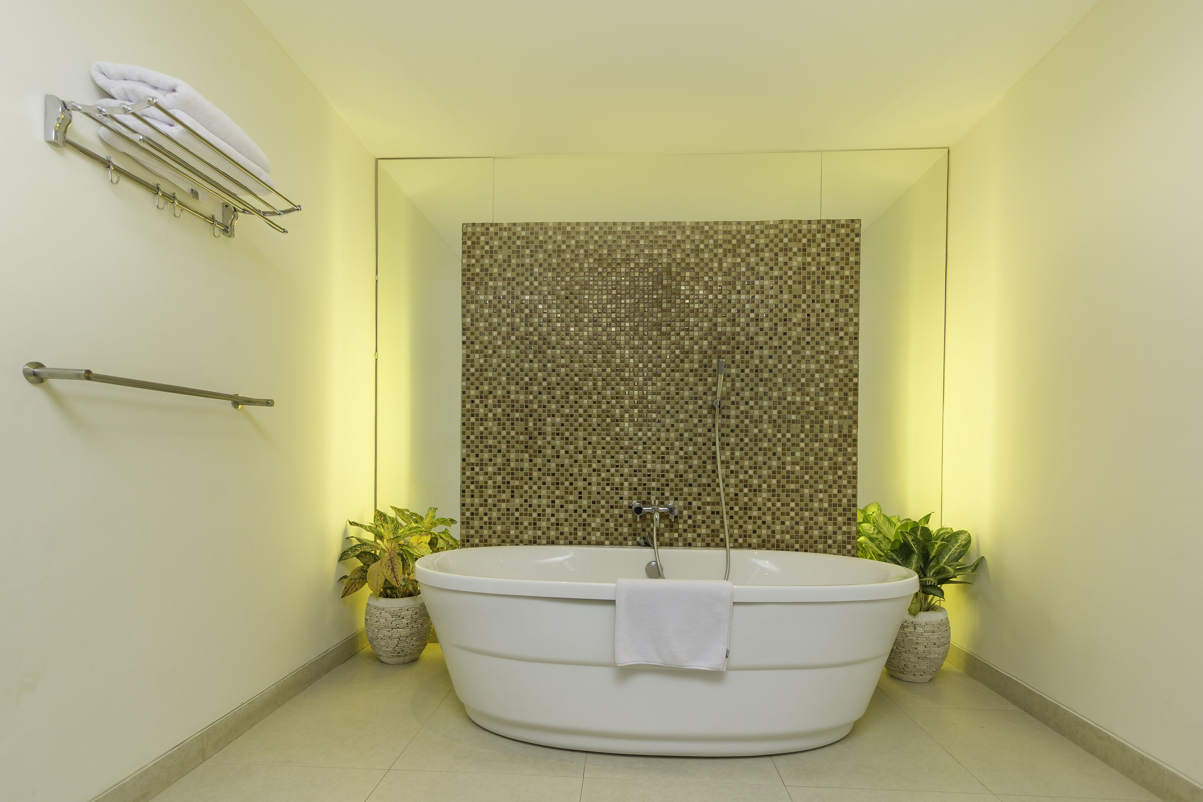 Ein modernes Badezimmer mit einer freistehenden Badewanne, einem Handtuchhalter und zwei Topfpflanzen.