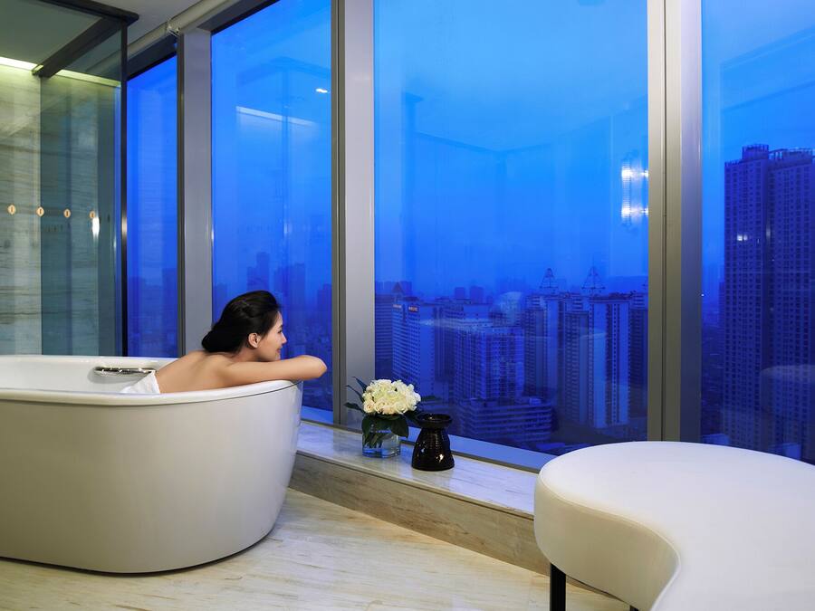 Separate tub and shower, rainfall showerhead, designer toiletries