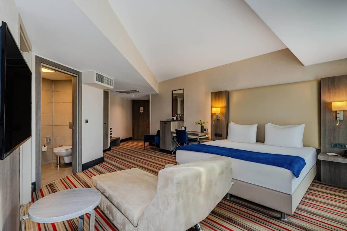 Een hotelkamer met een bed, een stoel, een bureau, een spiegel en een televisie.
