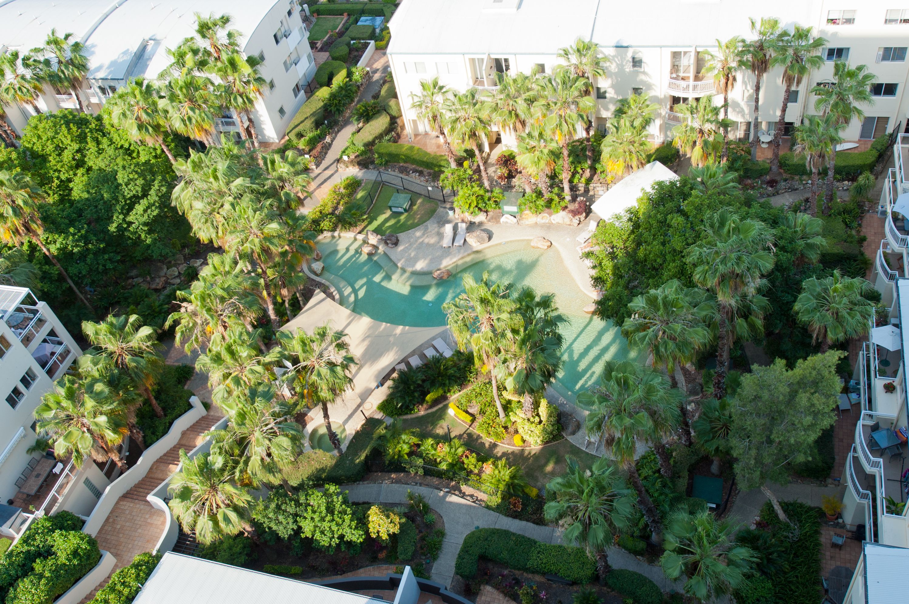 Vue aérienne d’une cour d’hôtel avec des palmiers, une piscine et un petit jardin.
