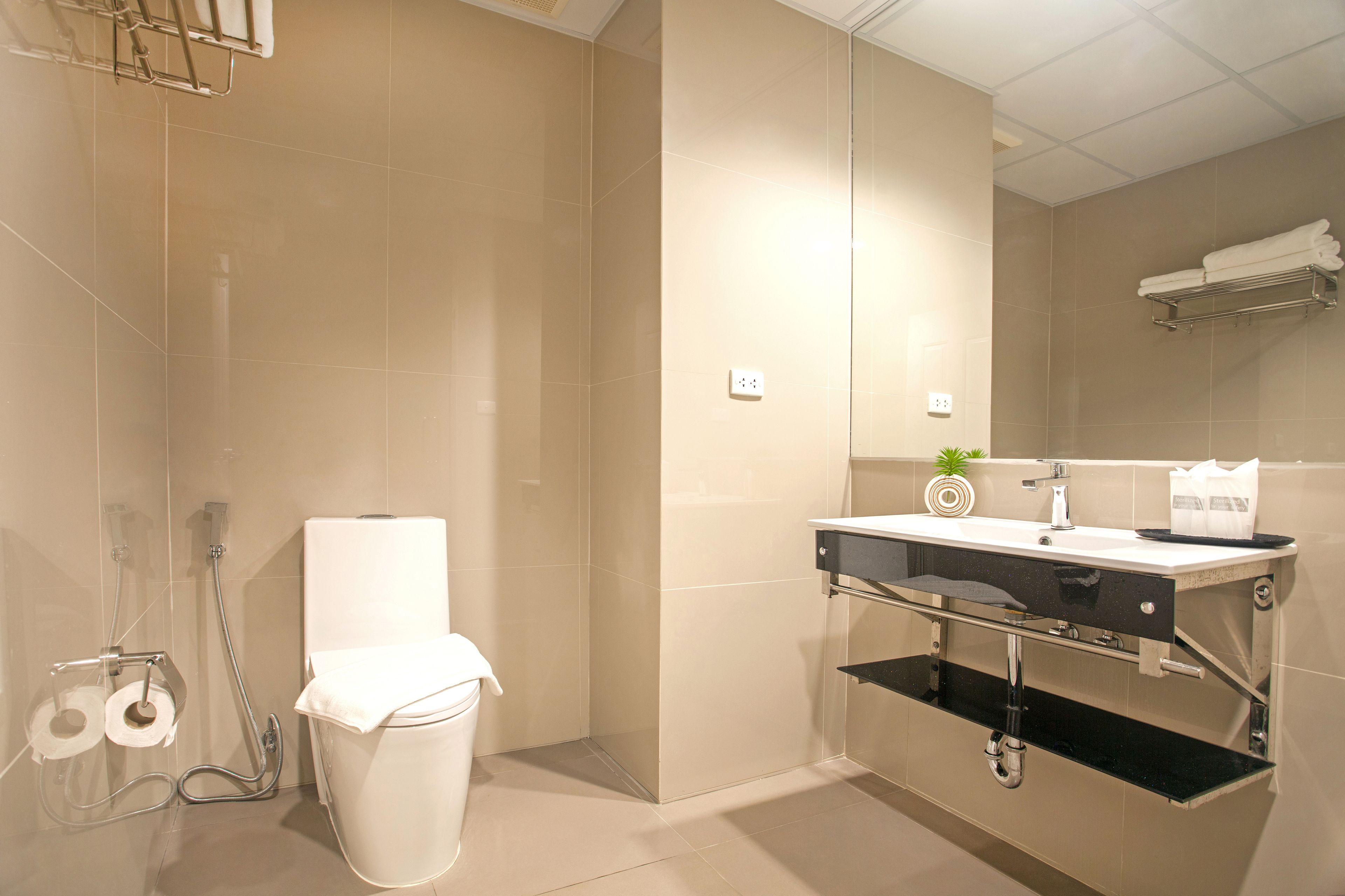 free toiletries, hair dryer, towels