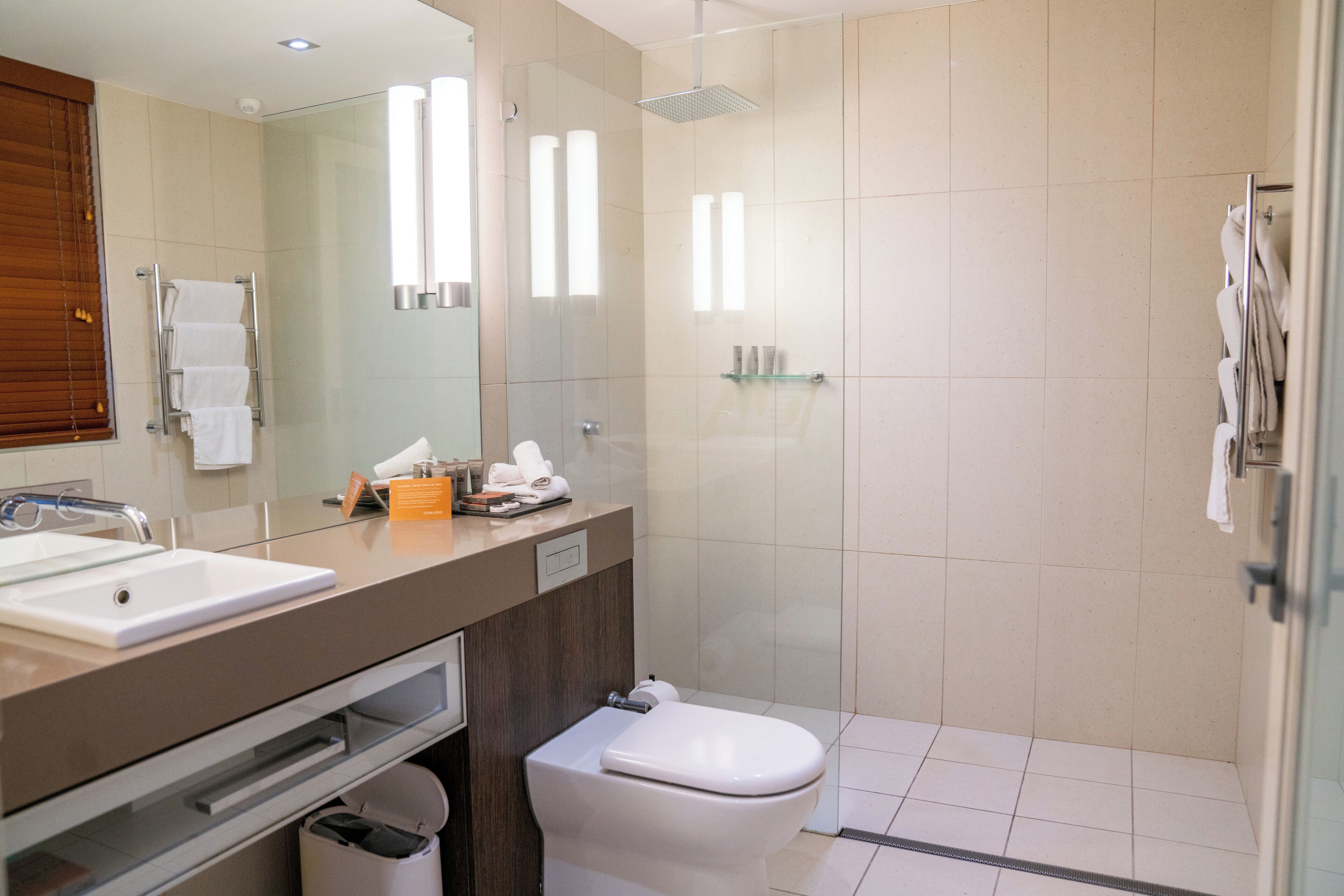 A modern bathroom with a glass shower enclosure, a white toilet, and a vanity with a mirror and sink.