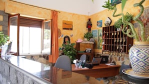 A reception area with a stone counter, a laptop, a vase, and a key rack. - Hotel Restaurant Diana (Ustica)