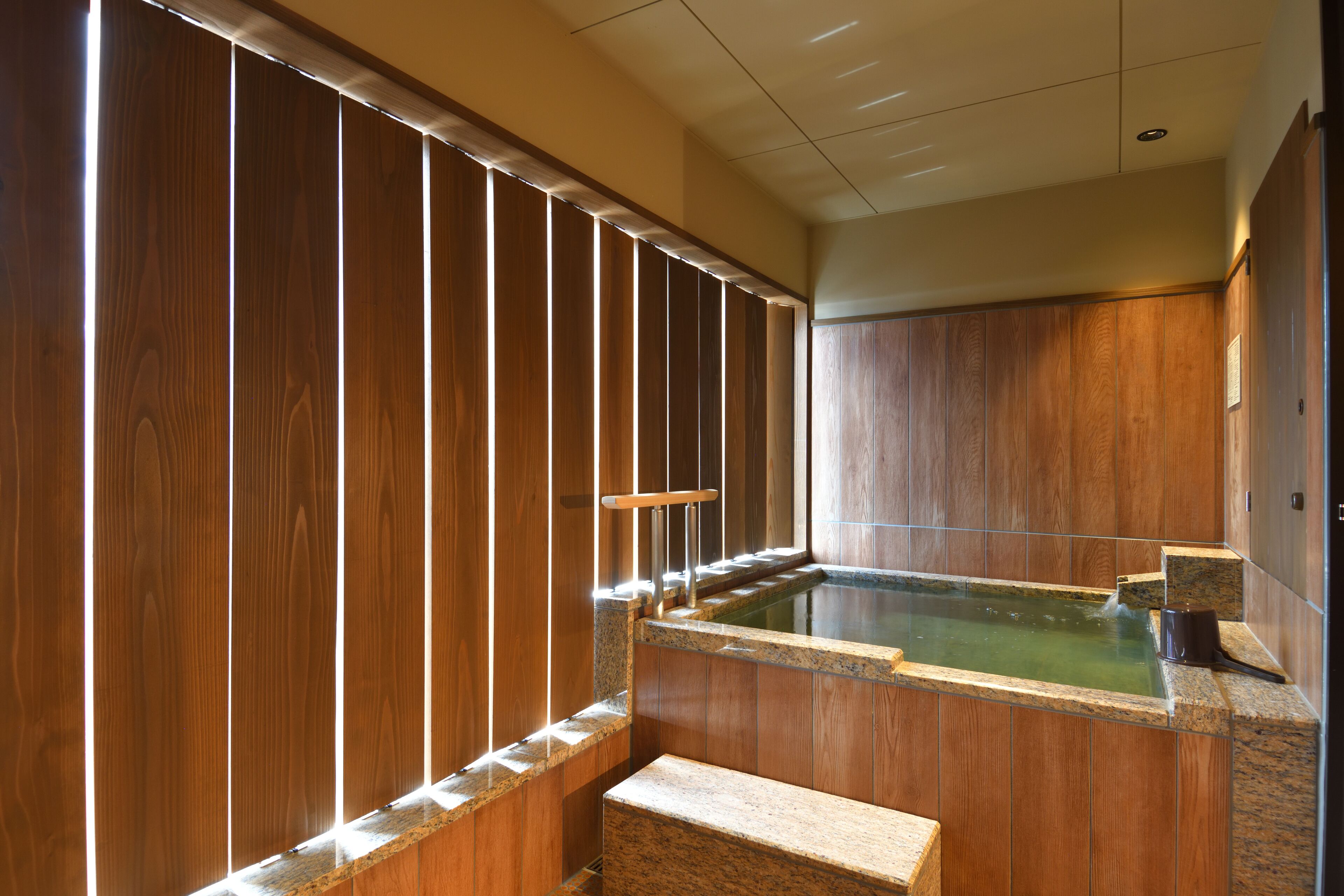 Un espacio tipo spa de madera con un jacuzzi y asientos.