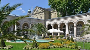 Une cour avec une fontaine, des palmiers et une piscine.