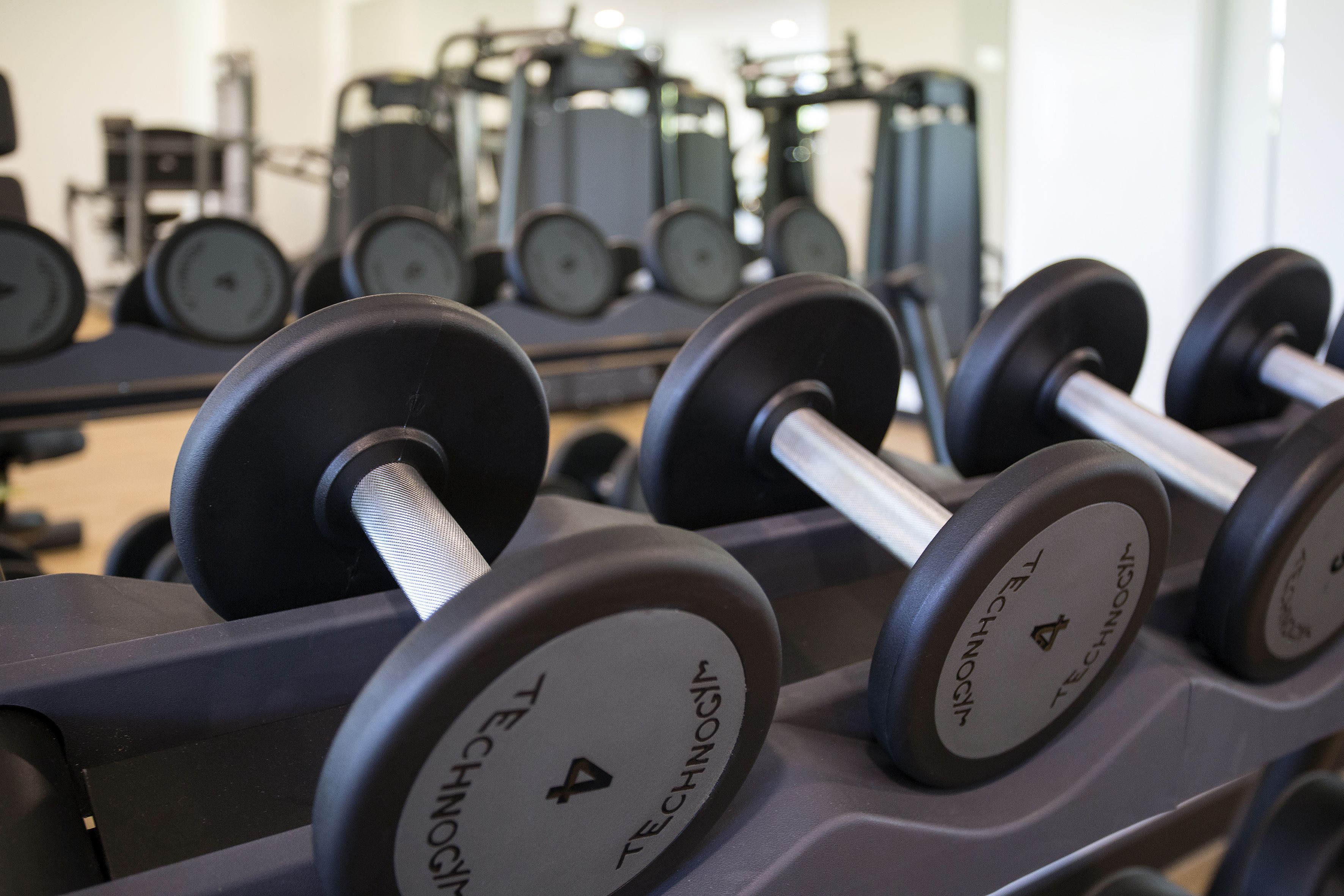 A row of dumbbells labeled "TECHNOLOGY" on a rack.