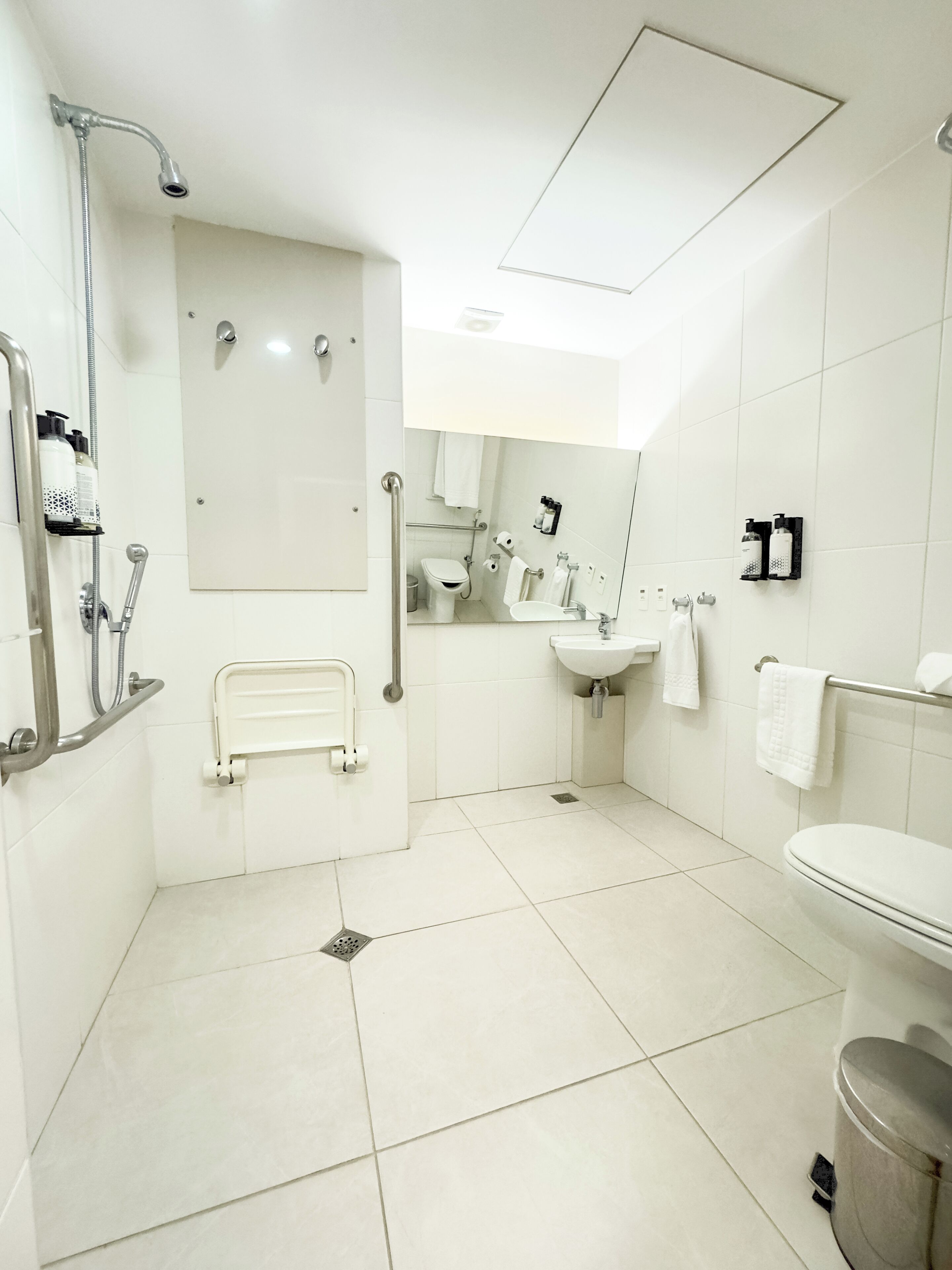 A modern bathroom with a shower, toilet, sink, and handrails.