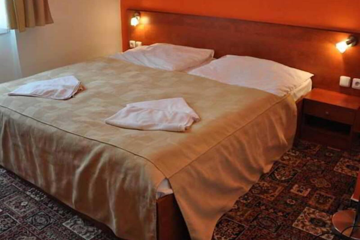 A hotel room with a bed, two pillows, a nightstand, and a patterned rug.