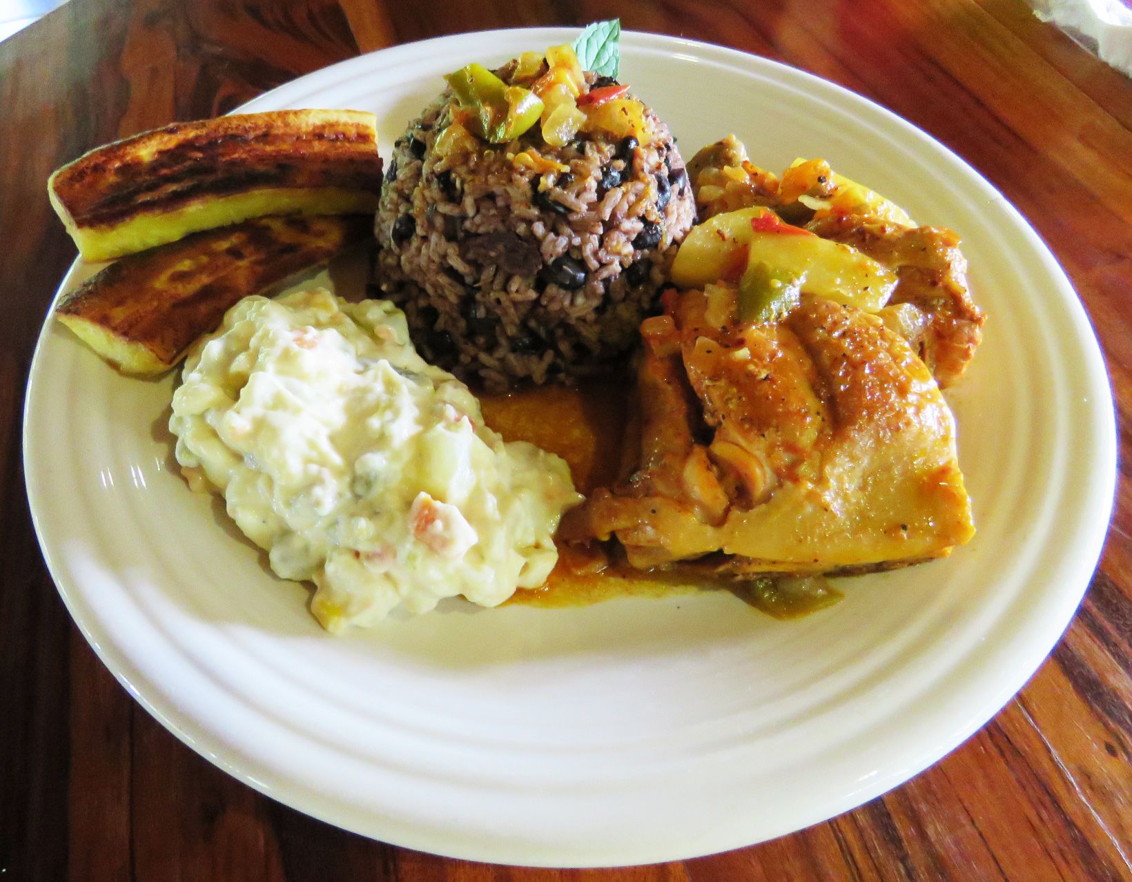 A plate with rice, beans, a slice of plantain, and a side of potato salad.
