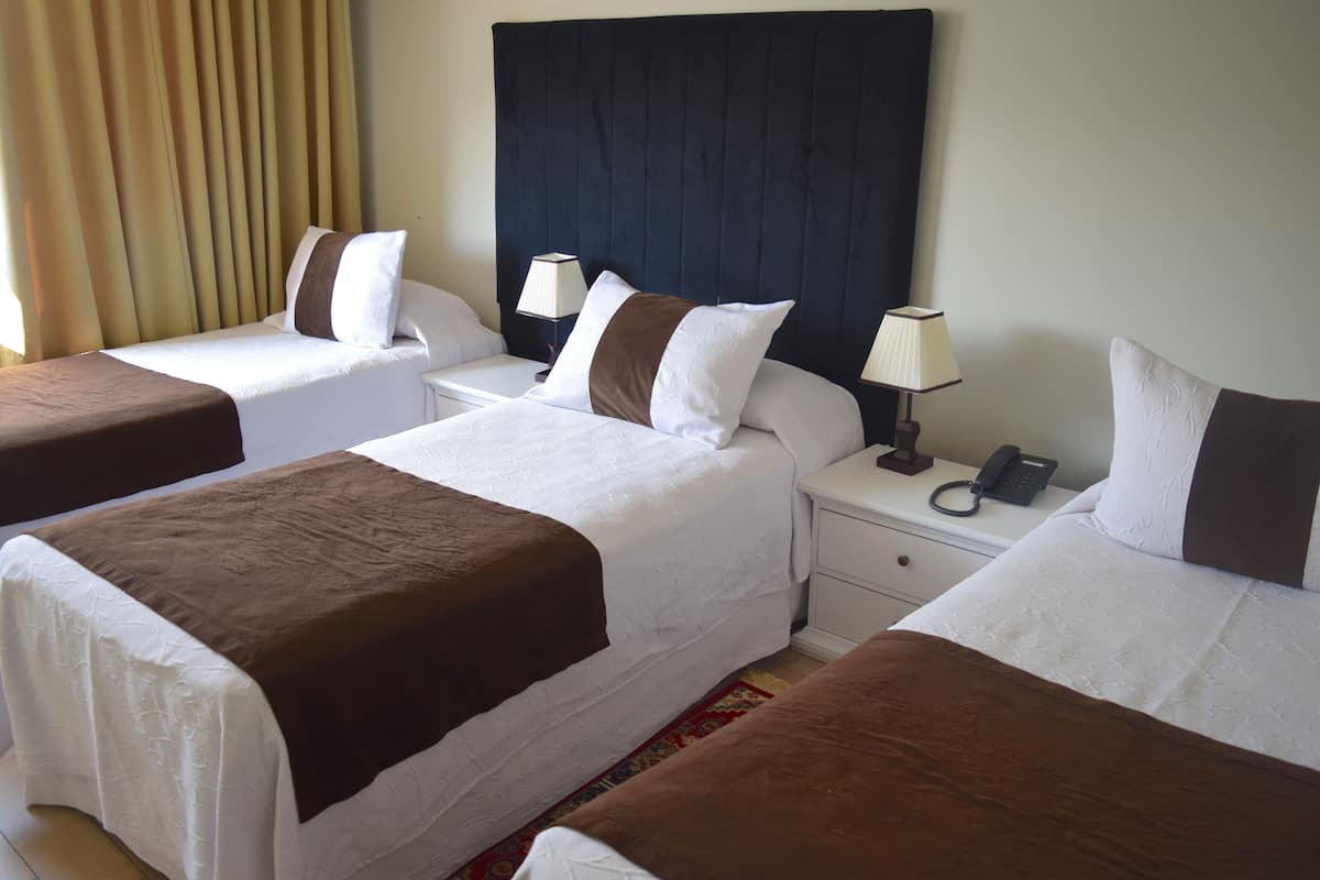 A hotel room with two beds, each with a brown and white bedspread, a dark headboard, bedside lamps, and a telephone on the nightstand.