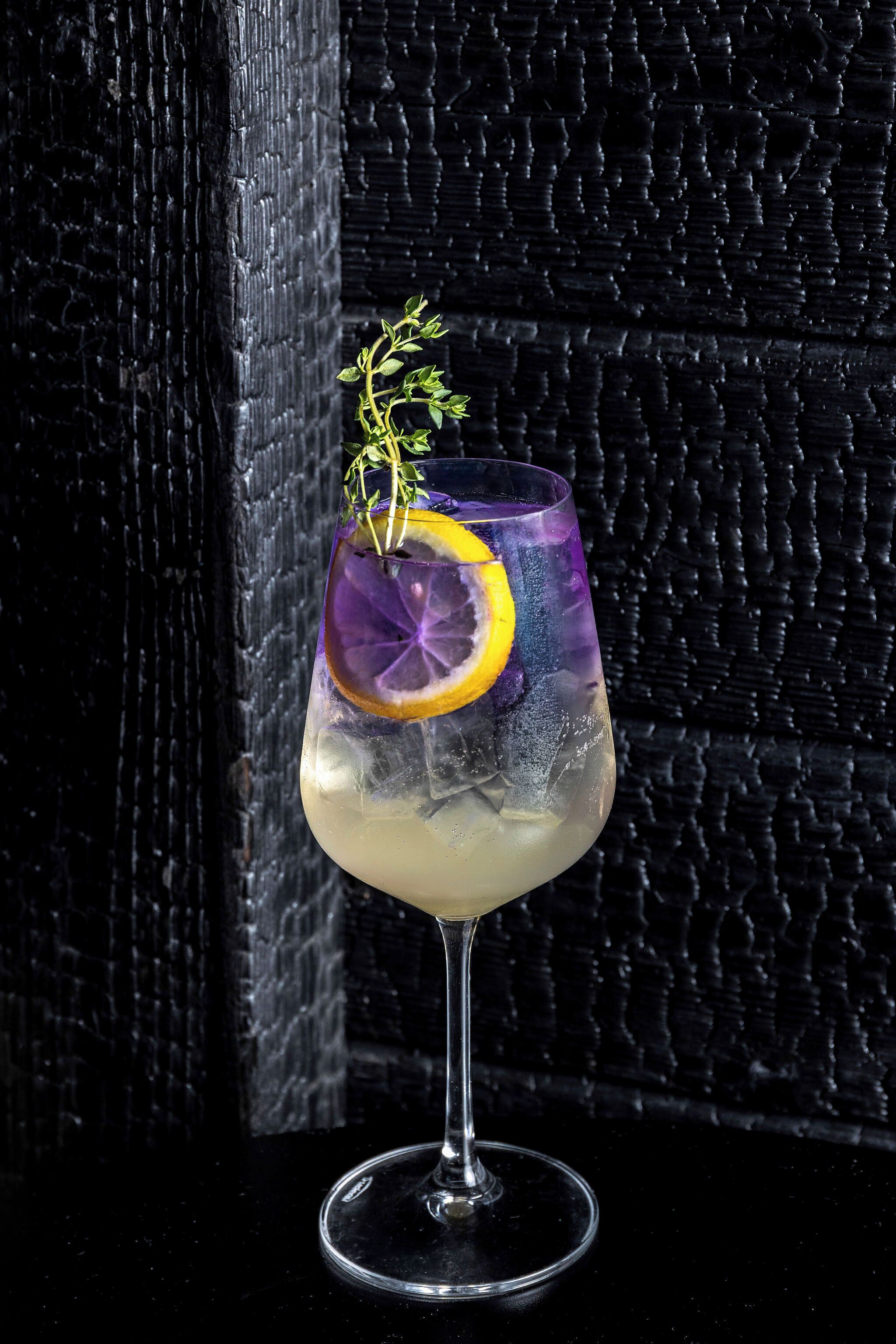 A glass with a purple drink, garnished with a lemon slice and a sprig of herb, against a textured black background.