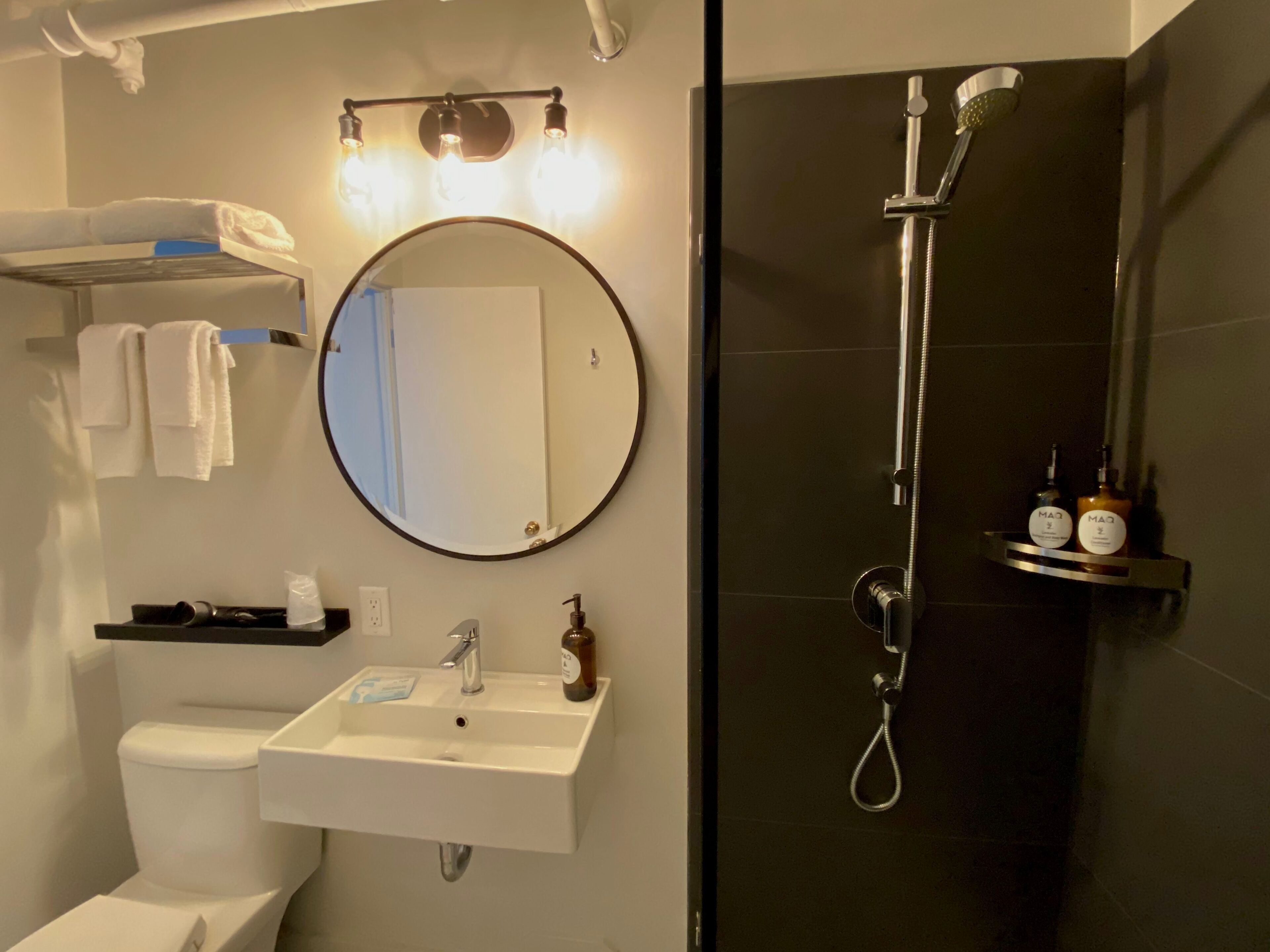basic suite, 1 king bed with sofa bed | bathroom | shower, eco-friendly toiletries, hair dryer, towels