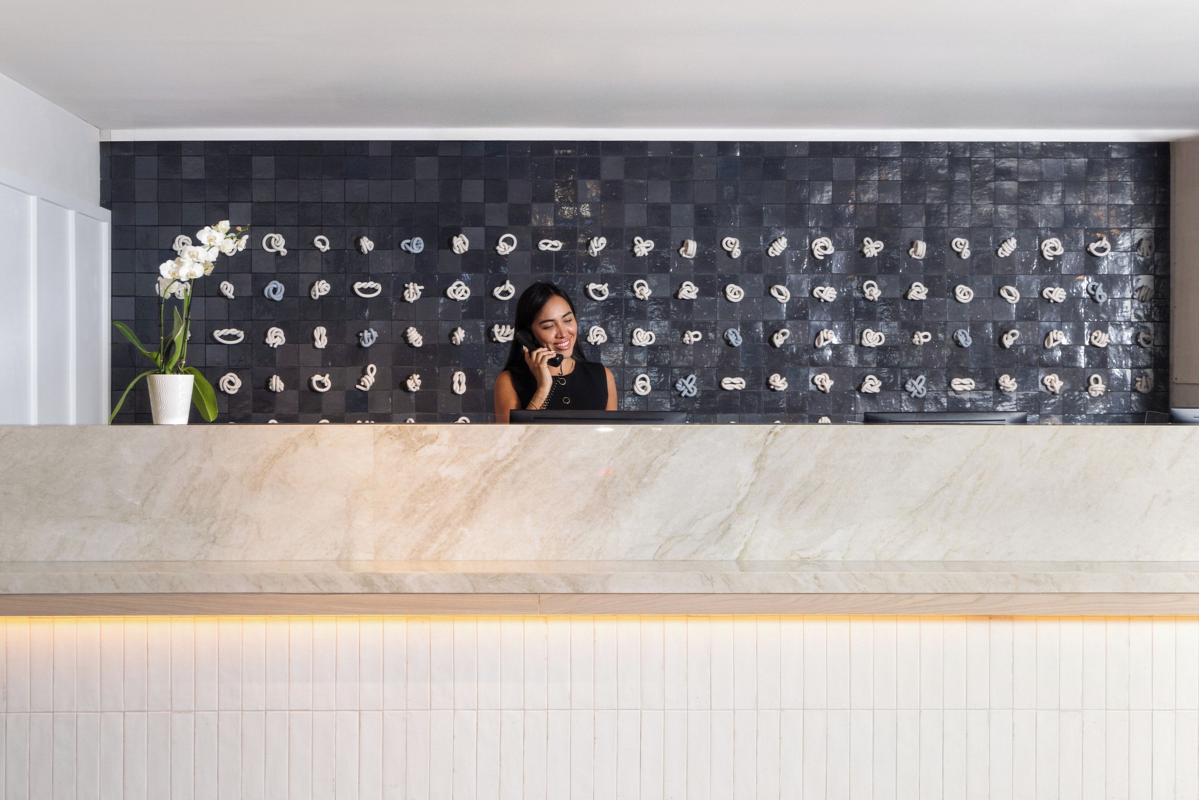 Un espace d’accueil doté d’un comptoir en marbre, d’un mur recouvert de carreaux noirs ornés de motifs blancs et d’une orchidée en pot.