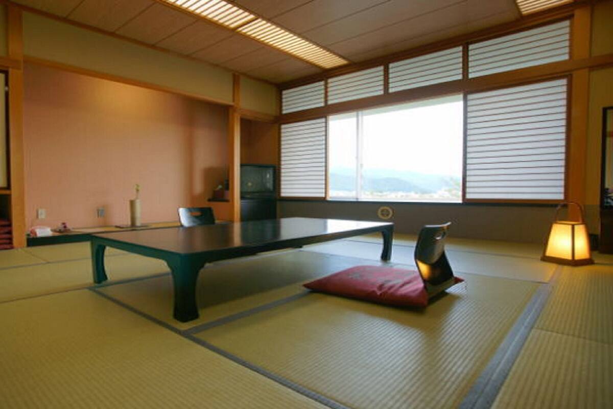 A tatami mat room with a low table, a chair, a television, and a view of the outdoors through shoji screens.