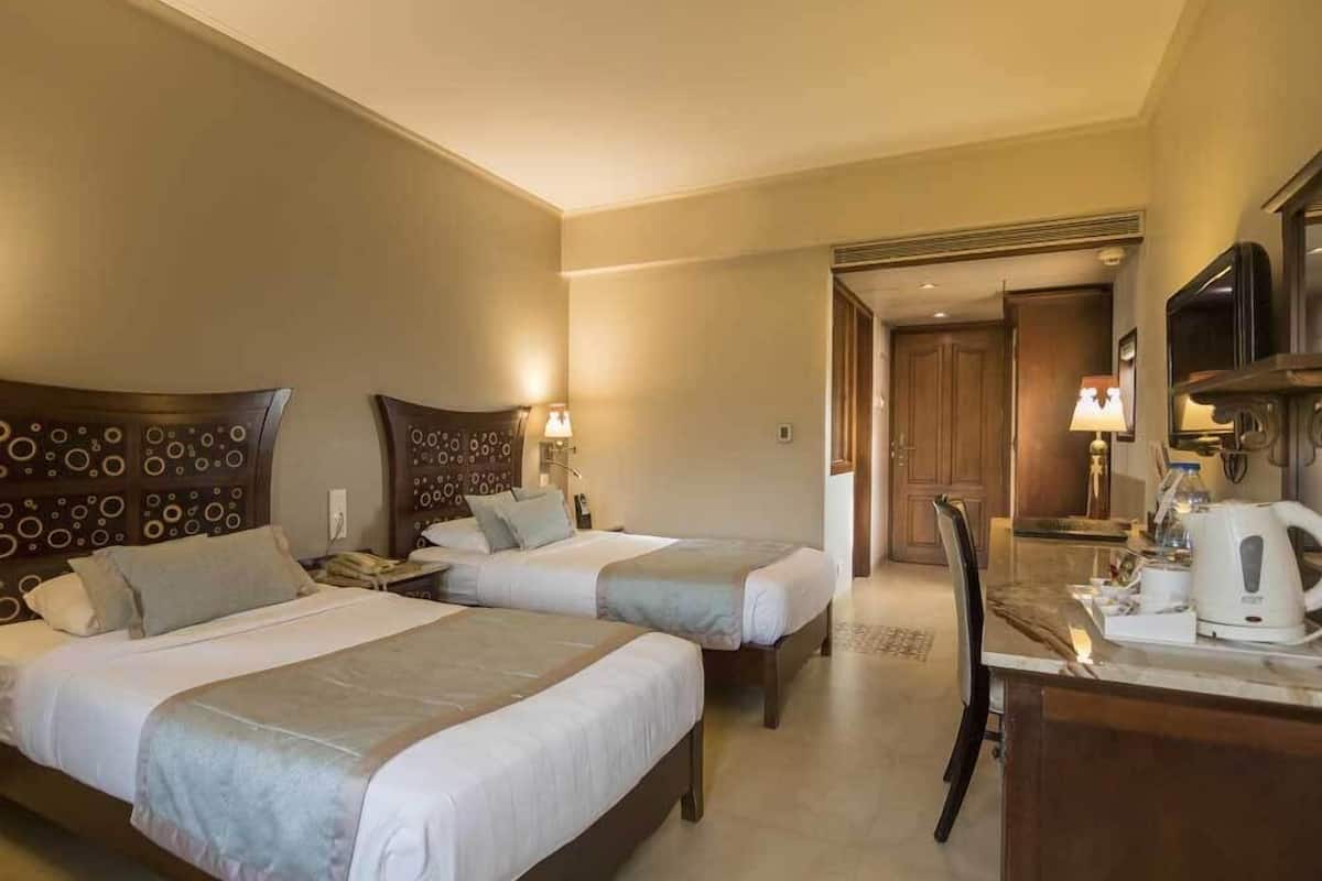 Habitación de hotel con dos camas, un escritorio, una silla, un televisor y una cafetera.